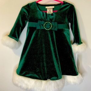 NWT Bonnie Baby Sparkling Emerald Green Holiday Dress w/ Faux Fur Trim. 18mo